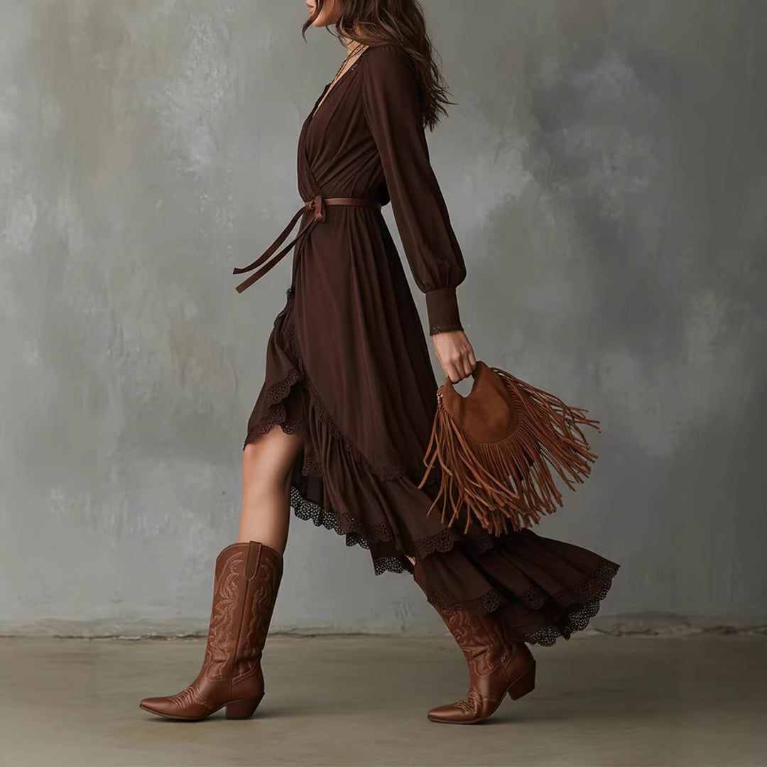 Damen Wickelkleid mit Spitzendetails und fließendem Saum Drune