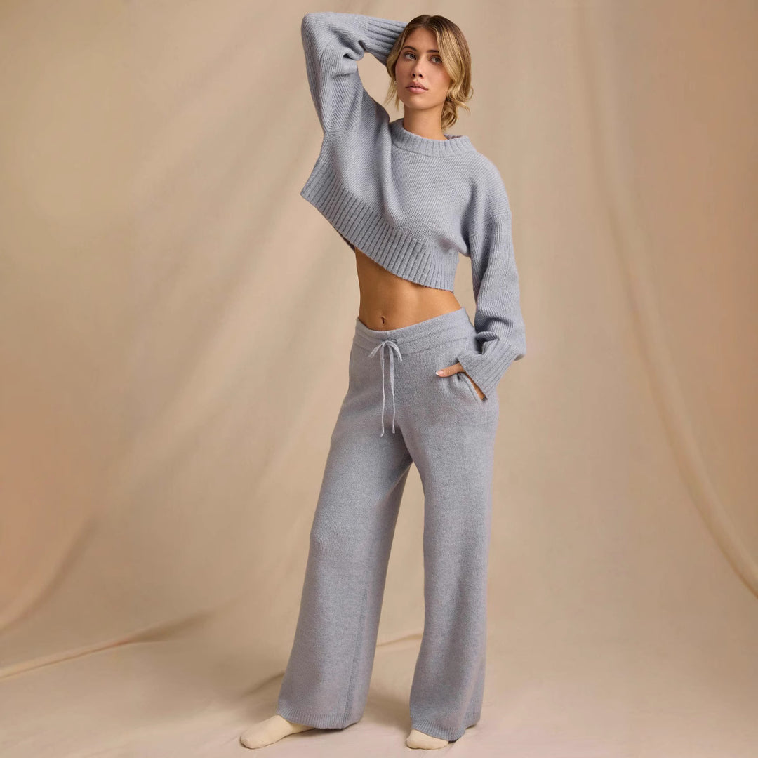 Damen lässiges und bequemes Strickset mit cropped Pullover und weitem Hosen Drune