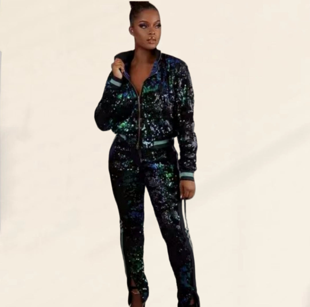 Damen Glitzerndes Sportanzug-Set mit trendigen Streifen Drune
