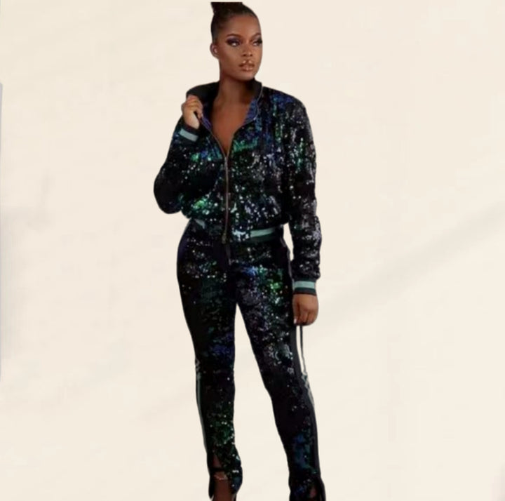 Damen Glitzerndes Sportanzug-Set mit trendigen Streifen Drune