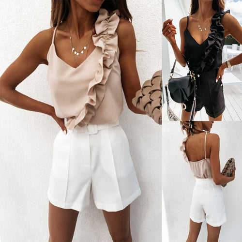 Damen Top mit Rüschen und elegantem V-Ausschnitt Drune