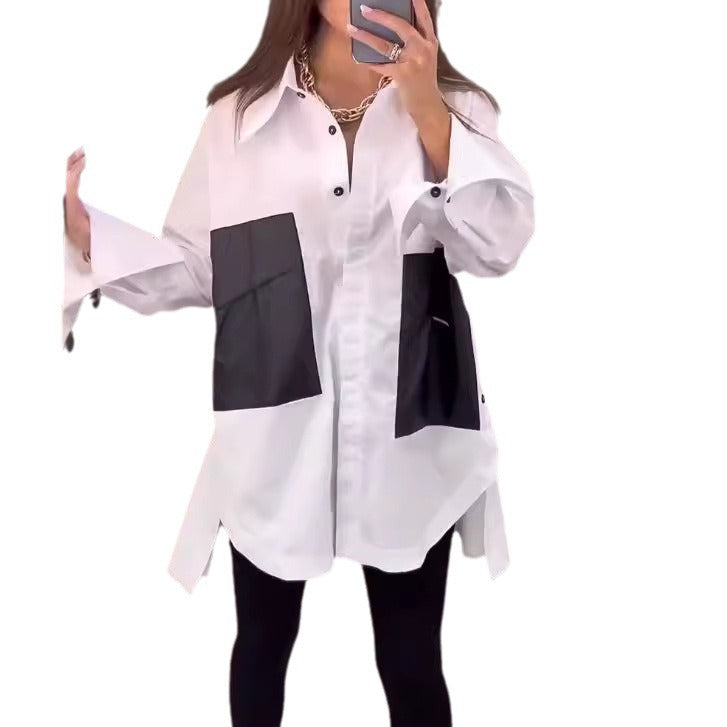 Damen Long-Bluse mit modischen Kontrasttaschen Drune