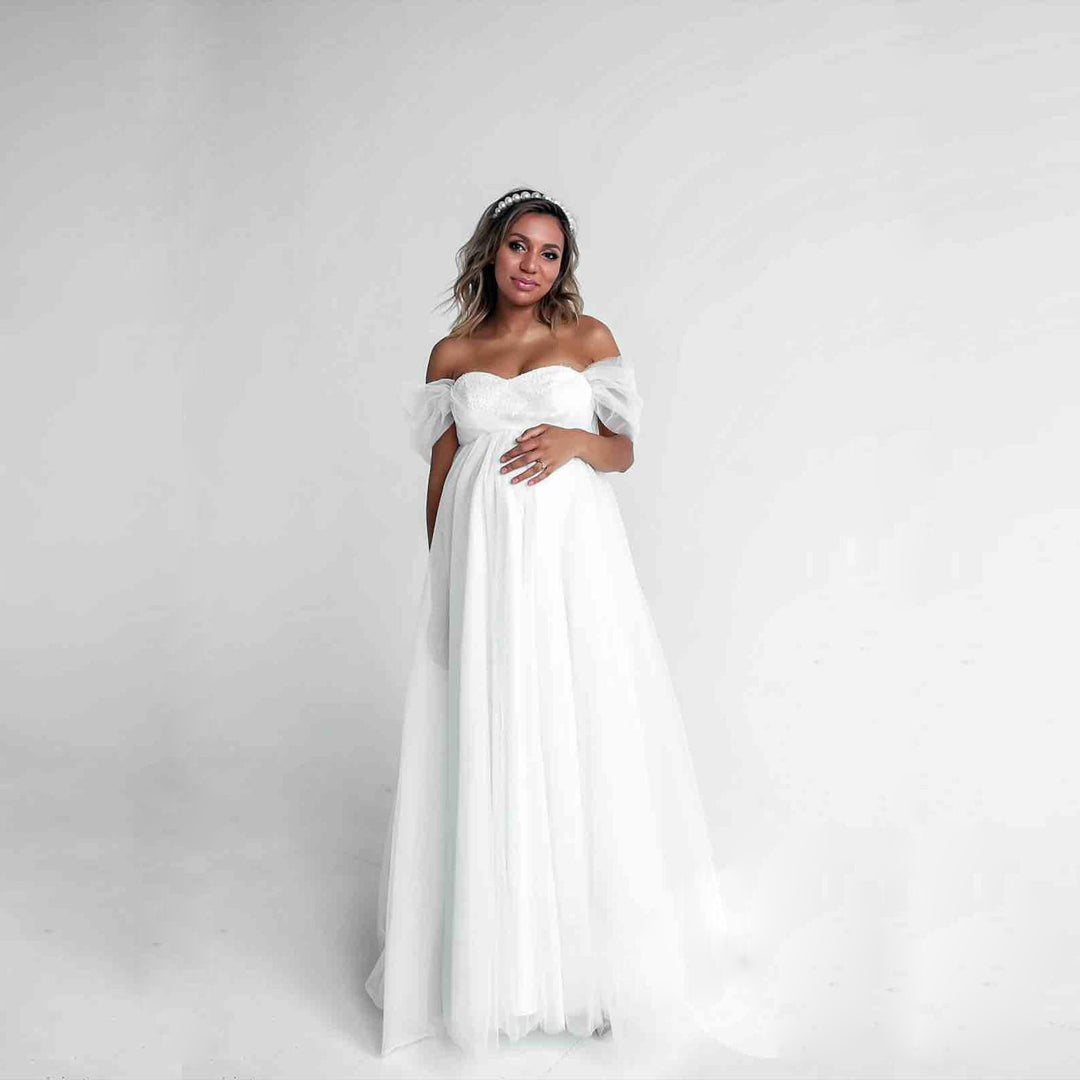 Damen Off-Shoulder Tüll Schwangerschafts-Kleid Drune