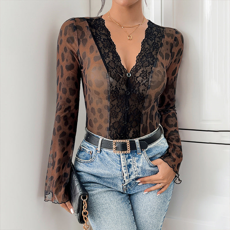 Damen Transparente Bluse mit Spitzenapplikation Drune