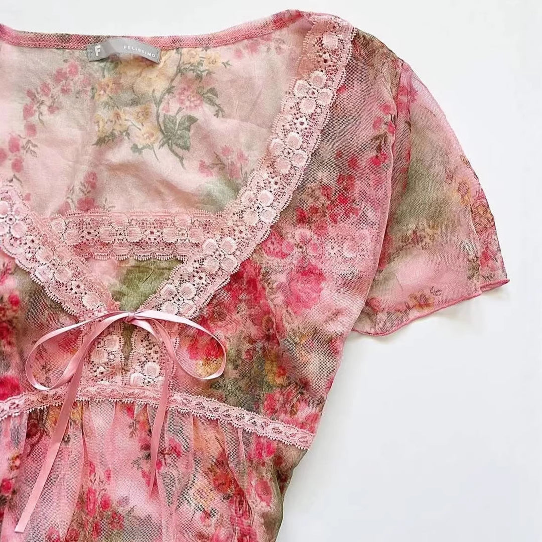 Damen florales Chiffon-Oberteil mit Spitzenakzenten Drune