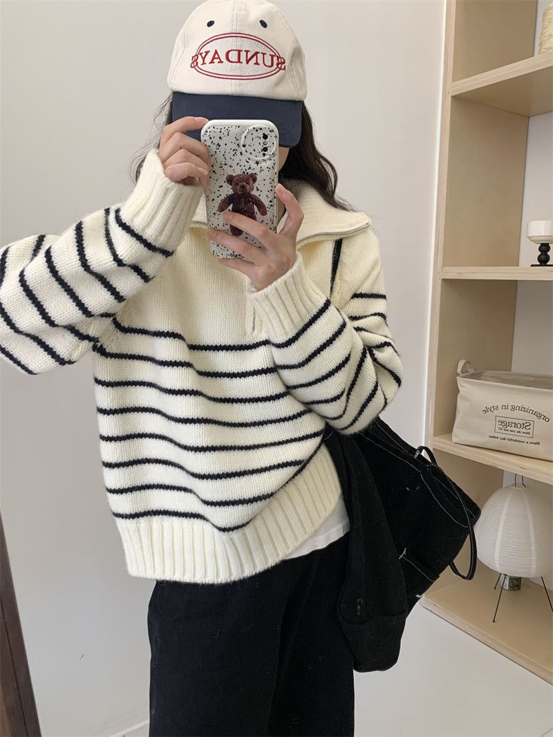 Damen lässiger Strickpullover mit sportlichem Kragen und Streifenmuster Drune