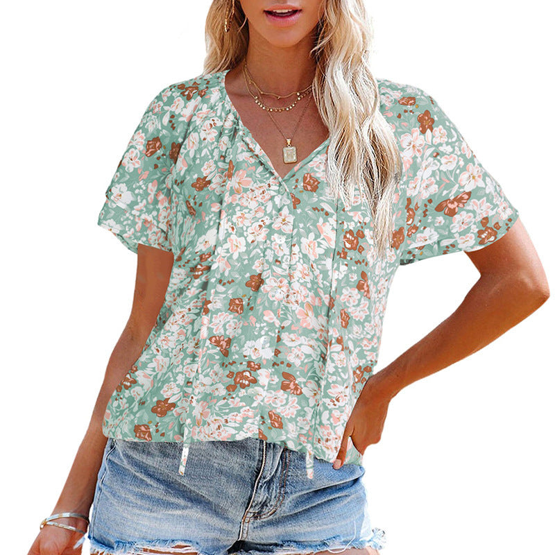 Damen luftige Bluse mit floralem Muster und dekorativen Knopfdetails Drune