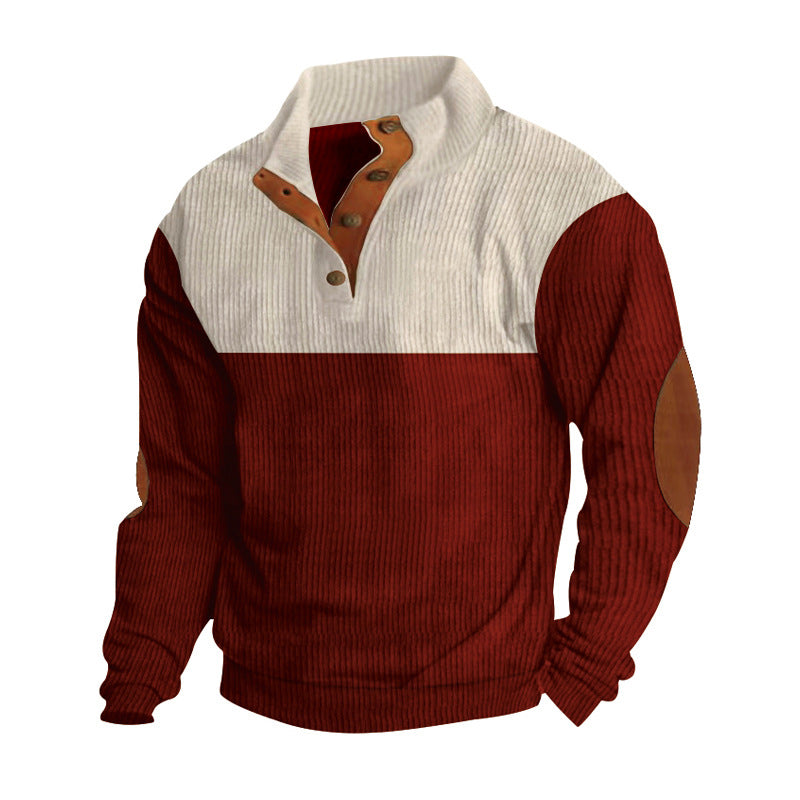 Herren nan strukturiertes Henley-Sweatshirt mit Stehkragen, Knopfleiste und Leder-Ellenbogenpatches Drune