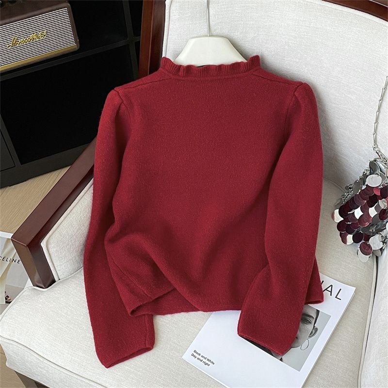 Damen elegante Strickjacke mit femininen Rüschen und Perlenknöpfen Drune