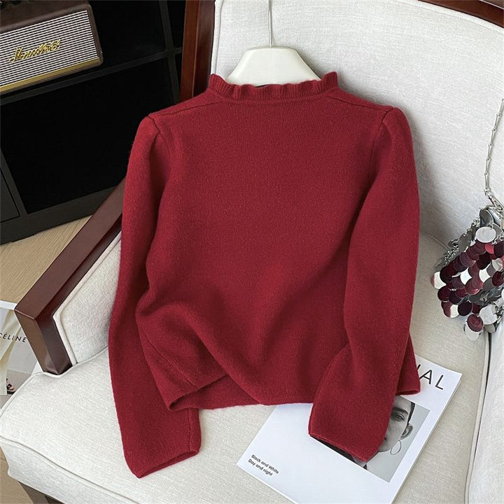 Damen elegante Strickjacke mit femininen Rüschen und Perlenknöpfen Drune