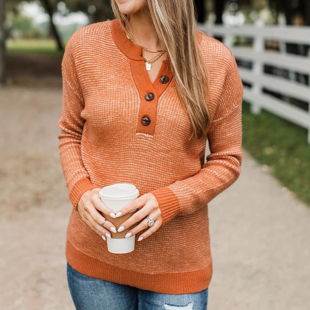 Damen lässiger Pullover mit Knopfleiste und strukturiertem Kragen Drune