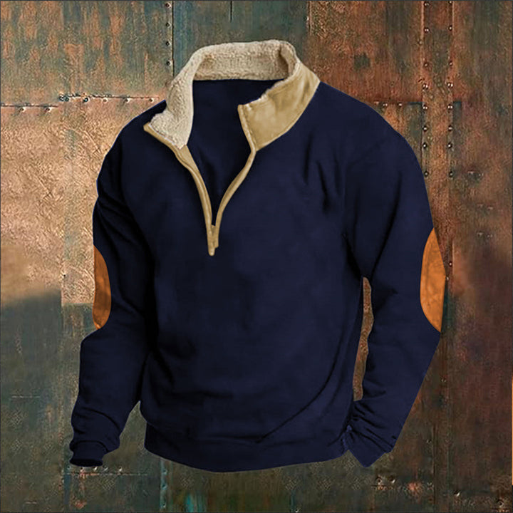 Herren Fleece-Pullover mit hohem Kragen und robusten Lederapplikationen Drune