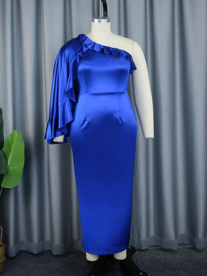 Damen elegantes Abendkleid mit asymmetrischem Rüschärmel Drune