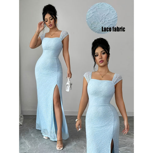 Damen Maxikleid mit Spitzenärmel und seitlichem Schlitz Drune