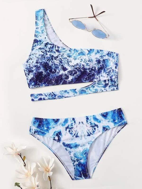 Damen Sport-Bikini mit asymmetrischem Schnitt und modischem Wasser-Motiv Drune