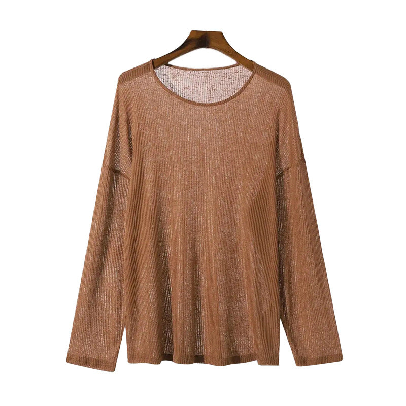 Damen nan locker fallendes Langarm-Feinstrickshirt mit feinem Rippenmuster und Rundhalsausschnitt Drune