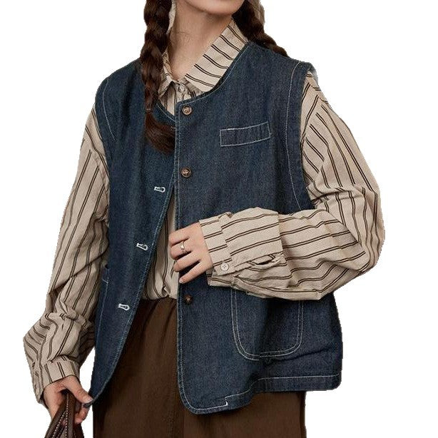 Damen Denim-Weste mit Knopfverschluss und Taschen Drune