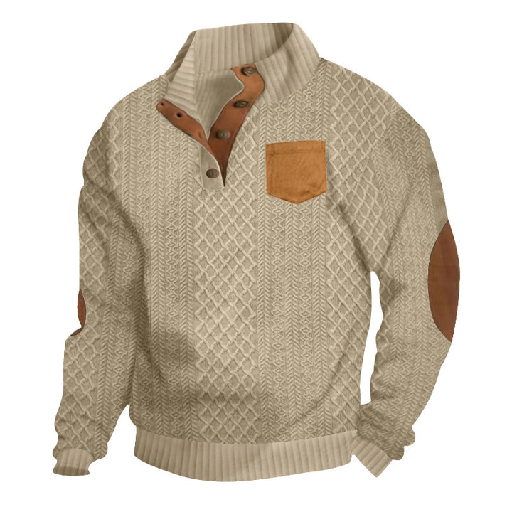 Herren nan Zopfmuster-Strickpullover mit Stehkragen Knopfleiste aufgesetzter Brusttasche und Lederoptik-Ellenbogenpatches Drune