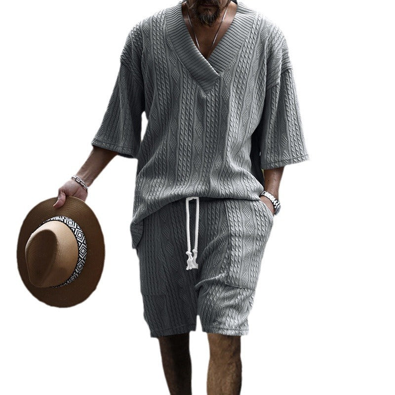 Herren nan lässiges Strick-Set mit V-Ausschnitt, Kurzarm-Oversize und Kordelshorts Drune