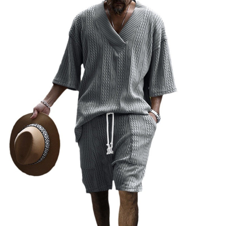 Herren nan lässiges Strick-Set mit V-Ausschnitt, Kurzarm-Oversize und Kordelshorts Drune