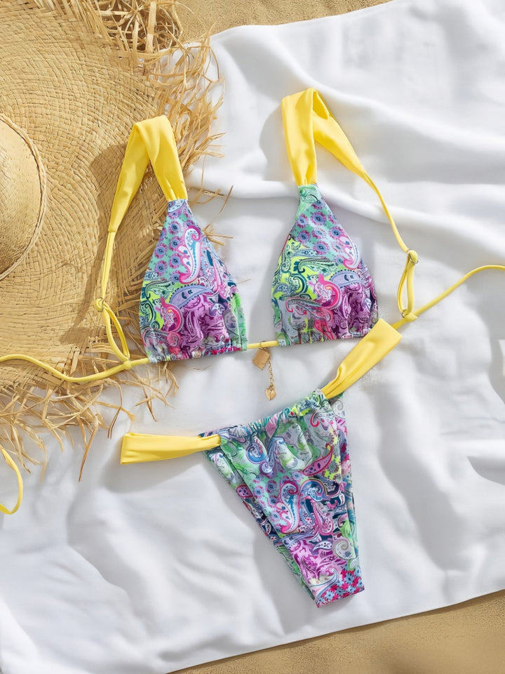 Damen Triangel-Bikini mit buntem Paisleymuster und verstellbaren Trägern Drune