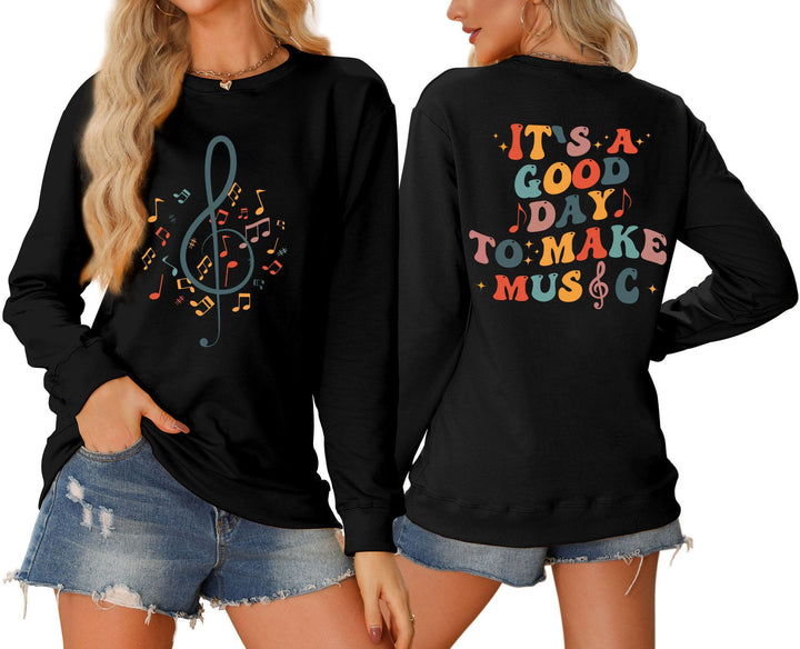 Damen Sweatshirt mit musikalischem Motiv und kreativem Schriftzug Drune