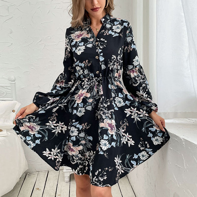 Damen Blusenkleid mit floralem Design und Taillengürtel Drune