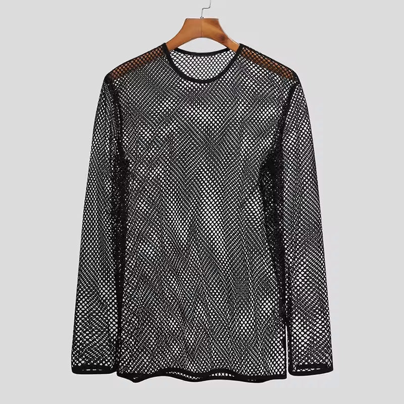 Unisex nan durchscheinendes Diamantnetz-Langarmshirt mit Rundhalsausschnitt Drune