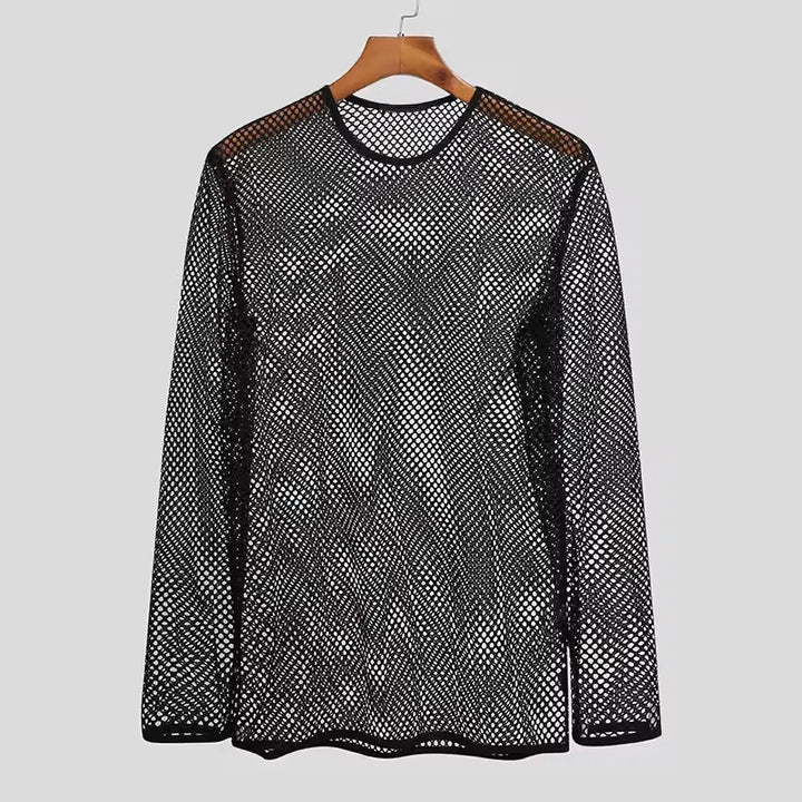 Unisex nan durchscheinendes Diamantnetz-Langarmshirt mit Rundhalsausschnitt Drune