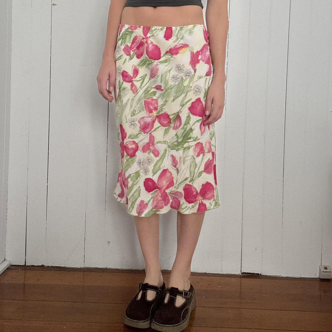 Damen eleganter Midirock mit floralen Motiven und schwingendem Schnitt Drune