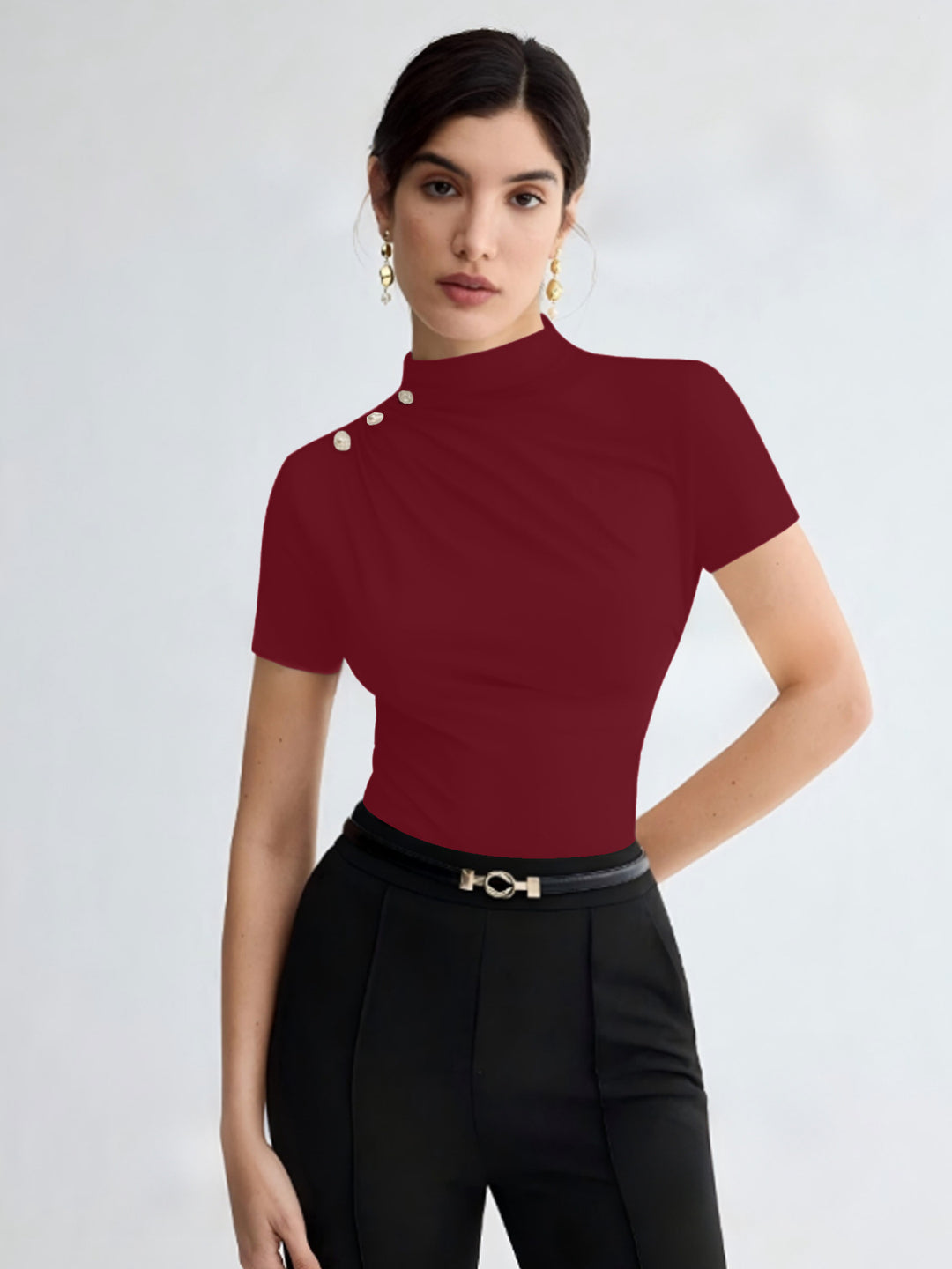 Damen elegantes Oberteil mit dekorativen Knopfdetails und modernem Stehkragen Drune