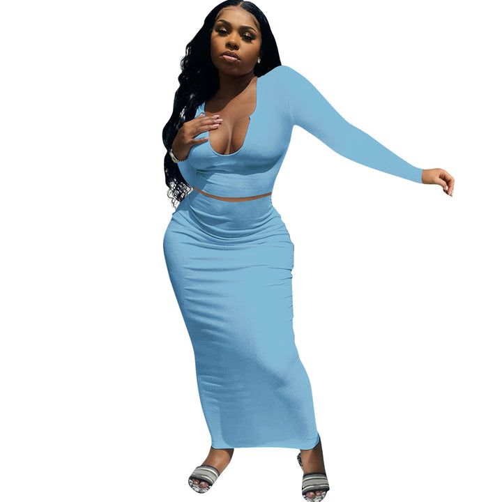 Damen Figurbetontes Maxikleid mit langem Arm und tiefem V-Ausschnitt Drune