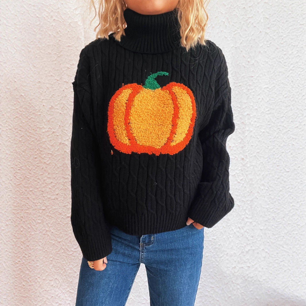 Damen Strickpullover mit Rollkragen und fröhlichem Kürbisdesign Drune