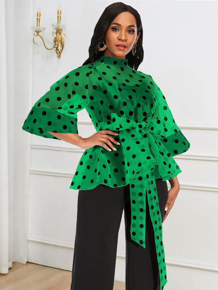 Damen Chiffonbluse mit gepunktetem Design und elegantem Taillengürtel Drune