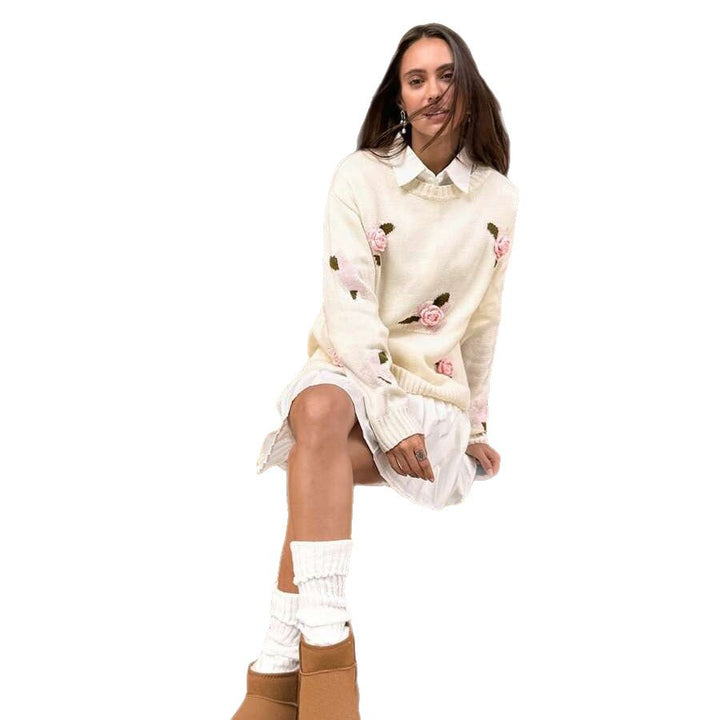 Damen Strickpullover mit floralen Applikationen und Rundhalsausschnitt Drune
