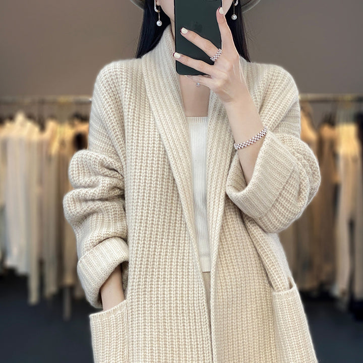 Damen Grobstrick Cardigan mit eleganten Revers und Taillengürtel Drune