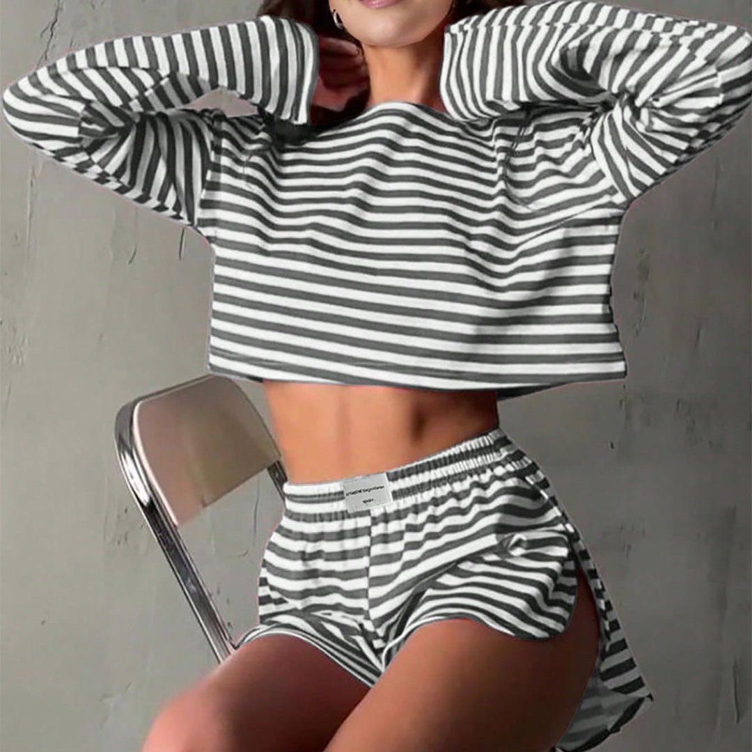 Damen lässiges gestreiftes Lounge-Set mit cropped Oberteil und Shorts Drune