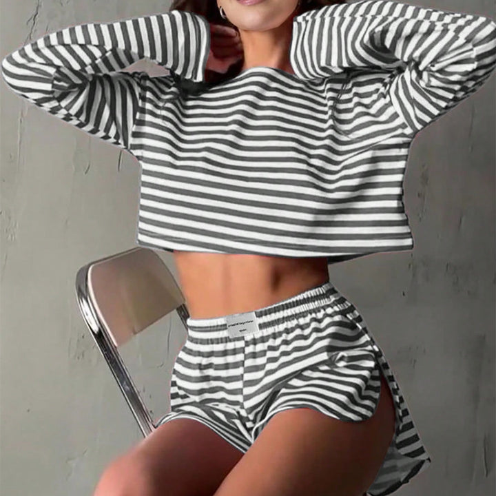 Damen lässiges gestreiftes Lounge-Set mit cropped Oberteil und Shorts Drune