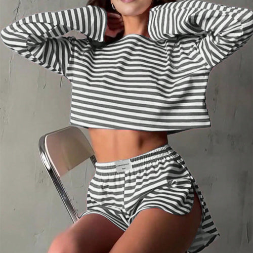 Damen lässiges gestreiftes Lounge-Set mit cropped Oberteil und Shorts Drune