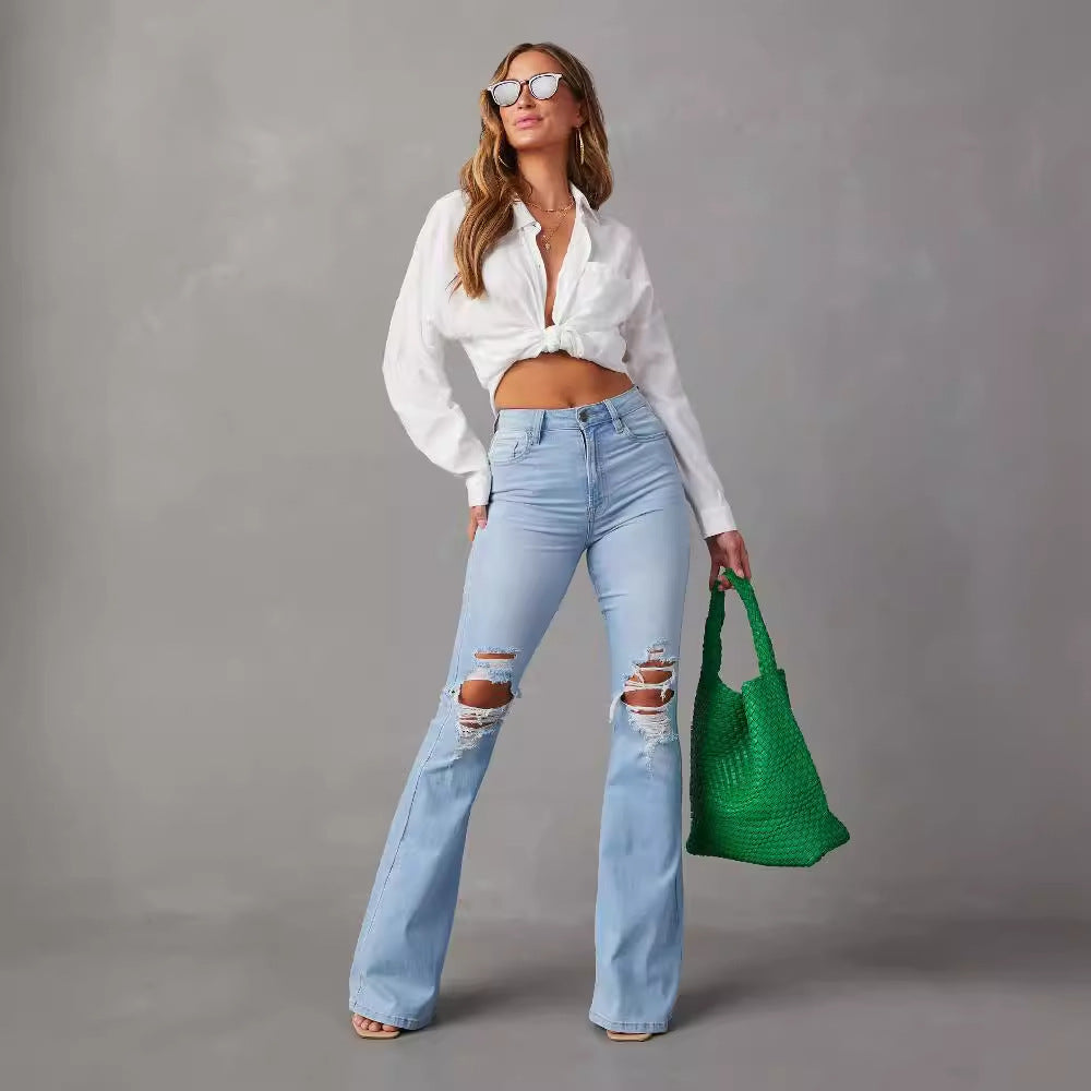 Damen Flared Jeans mit modischen Destroyed-Details und hohem Bund Drune