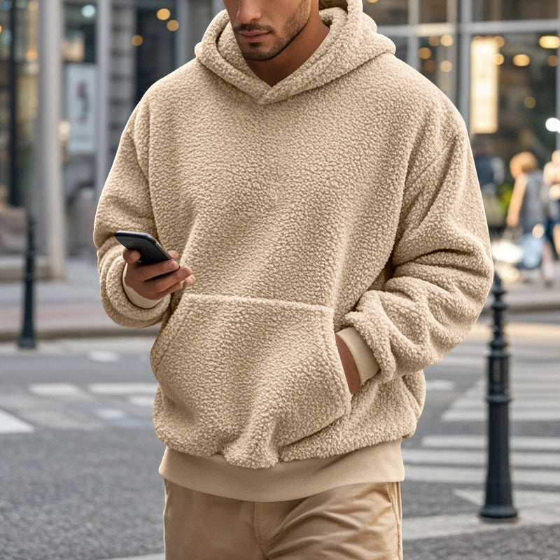 Herren Hoodie aus kuscheligem Teddy-Fleece mit Kängurutasche und breiten Bündchen Drune