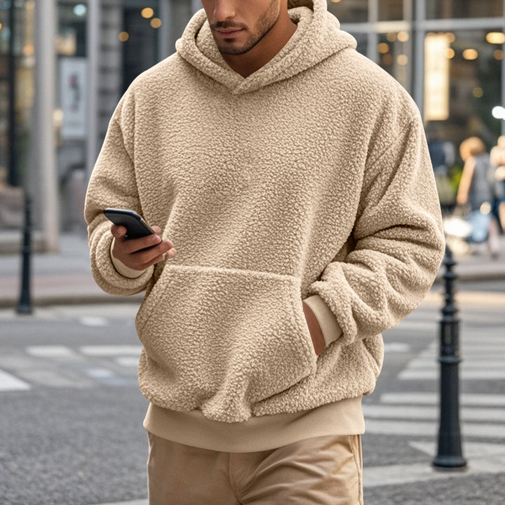 Herren Hoodie aus kuscheligem Teddy-Fleece mit Kängurutasche und breiten Bündchen Drune