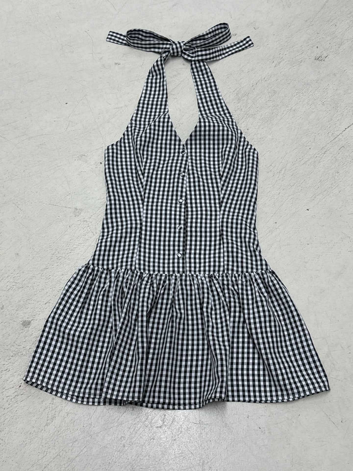 Damen V-Ausschnitt Kleid mit schwingendem Saum und Knopfdetails Drune