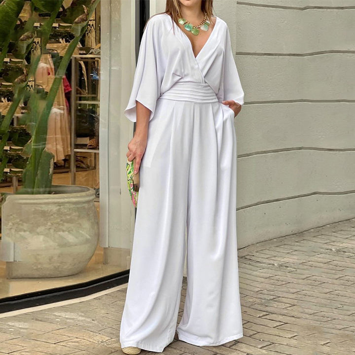 Damen Eleganter Jumpsuit mit weitem Bein und Wickeloberteil Drune