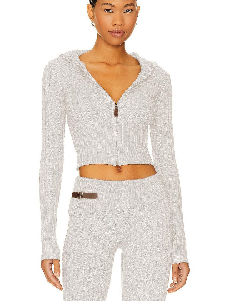 Damen Cropped Strickjacke mit Kapuze und hohem Kragen Drune