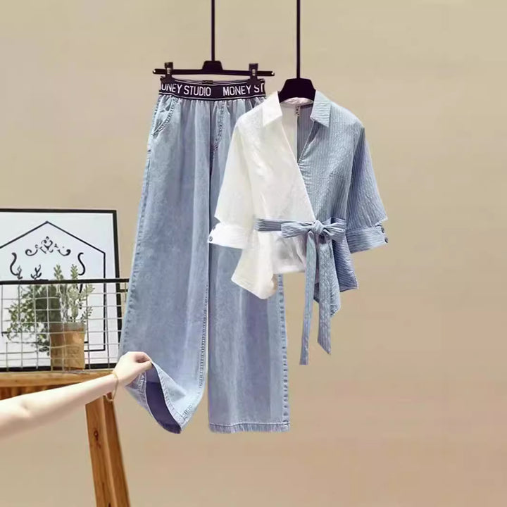 Damen Zweiteiliges Set mit lockerem, gestreiften Oberteil und weiter Jeans-Hose Drune