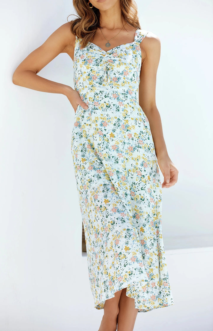 Damen Floral Sommer Midi Kleid mit verstellbaren Spaghetti-Trägern Drune