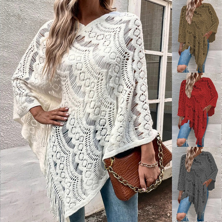 Damen Strickponcho mit auffälligem Häkelmuster und modischen Fransen Drune