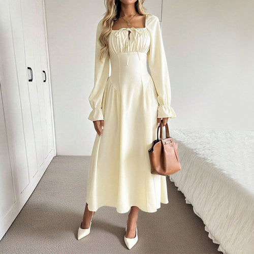 Damen elegantes Maxikleid mit raffiniertem Kordelzug und Puffärmeln Drune