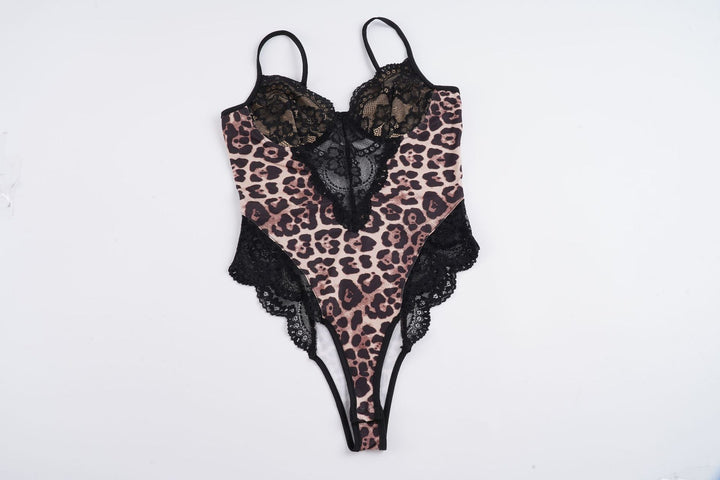 Damen-Spitzen-Bodysuit mit animalischem Muster und sexy Cut-Outs Drune